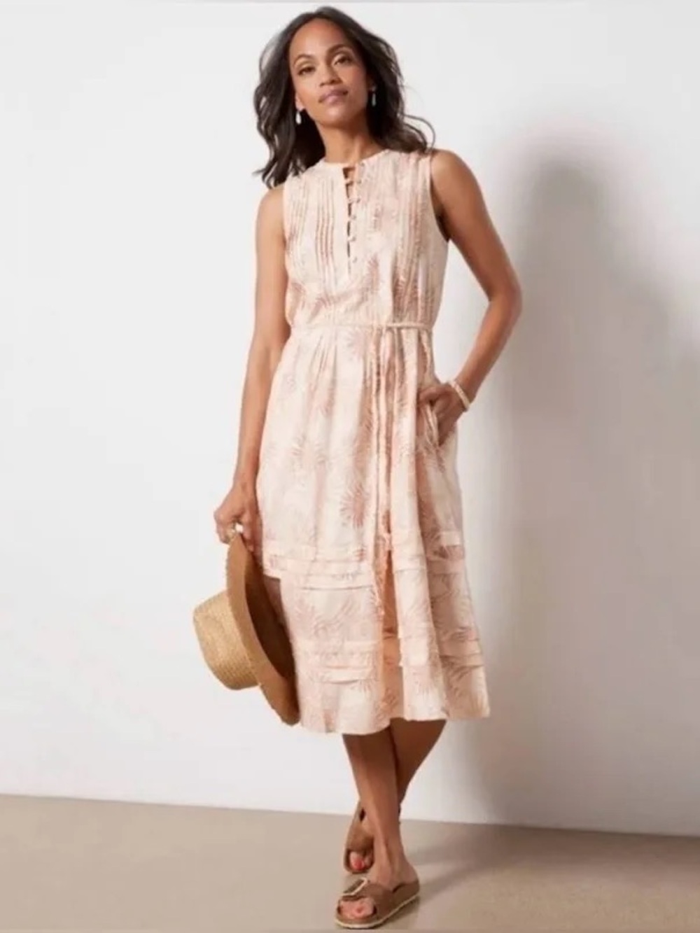 Faherty Isha Peach‎ Palms Sleeveless Waist Tie Linen Blend Midi Dress XS